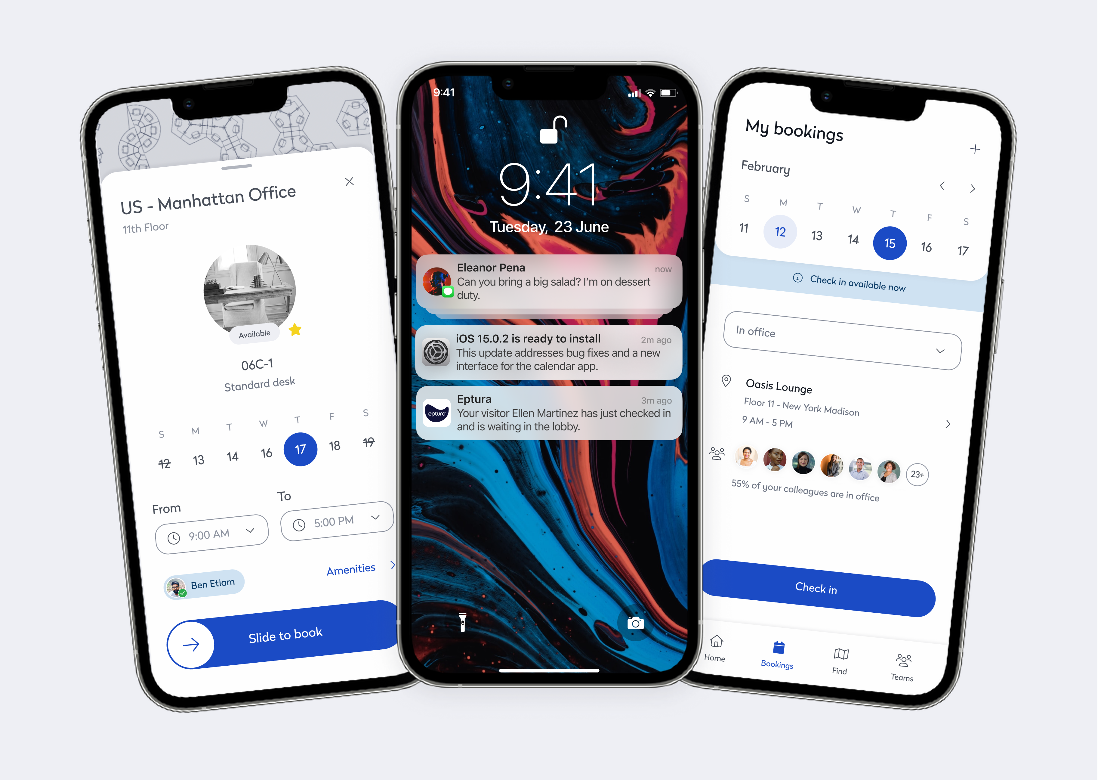 planning collaboration - three mobile devices with various screenshots