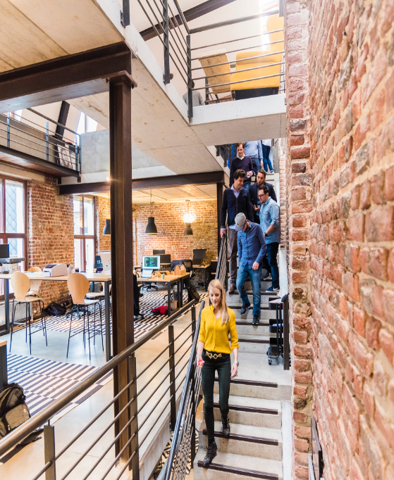 team collaborating in an office space